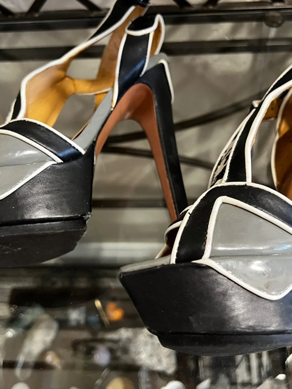 L.A.M.B. Black, White & Gray Houndstooth Platform Heels with Ankle Strap - Picture 4 of 6